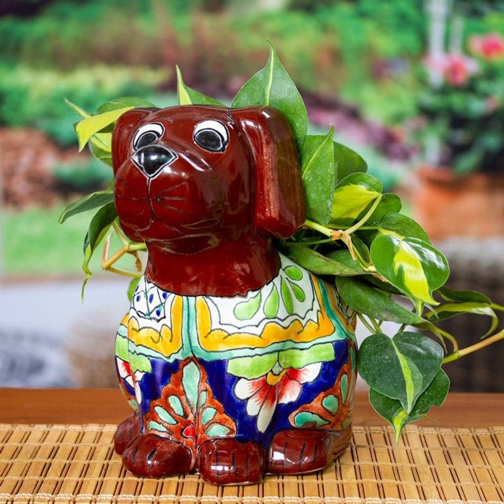 Talavera Style Dog-Themed Ceramic Planter from Mexico 'Talavera Dog'