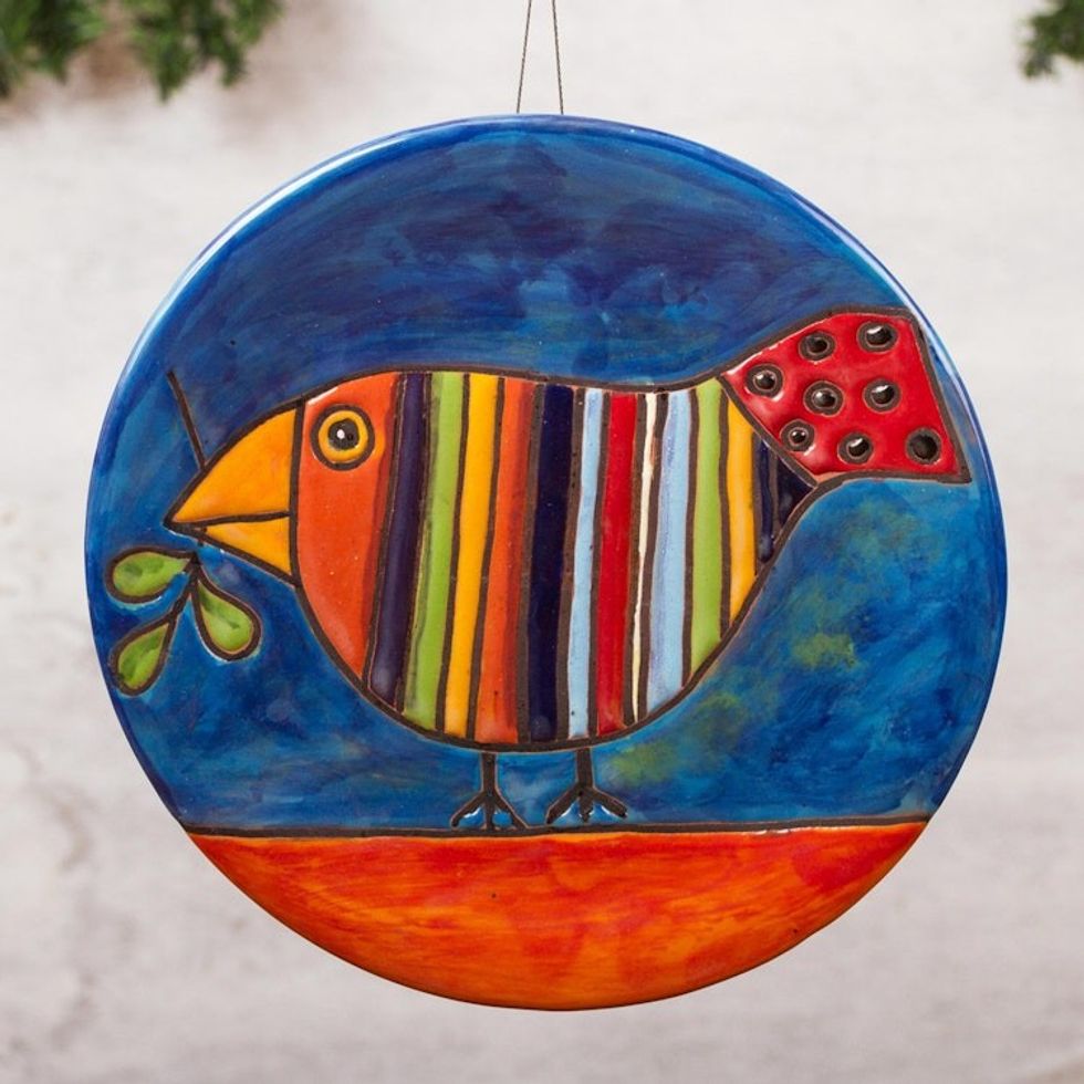 Handmade Ceramic Wall Art of a Striped Bird from Mexico 'Striped Bird'