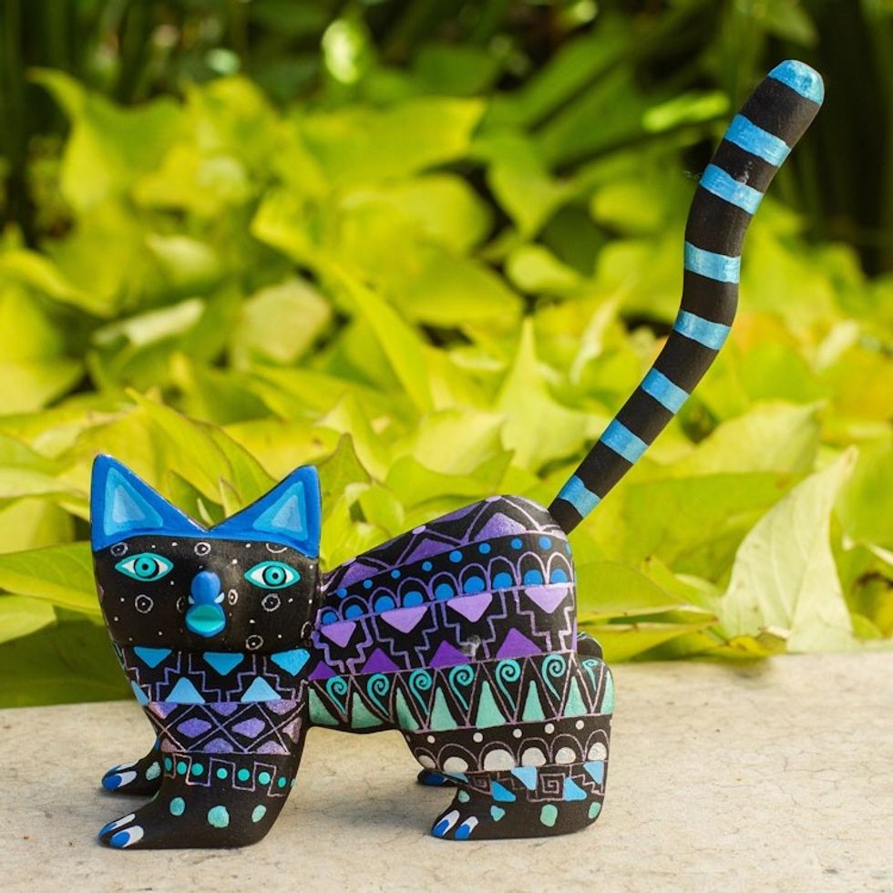 Hand-Painted Wood Alebrije Cat Figurine from Mexico 'Nocturnal Cat'