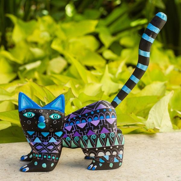 Alternate image for Hand-Painted Wood Alebrije Cat Figurine from Mexico Nocturnal Cat