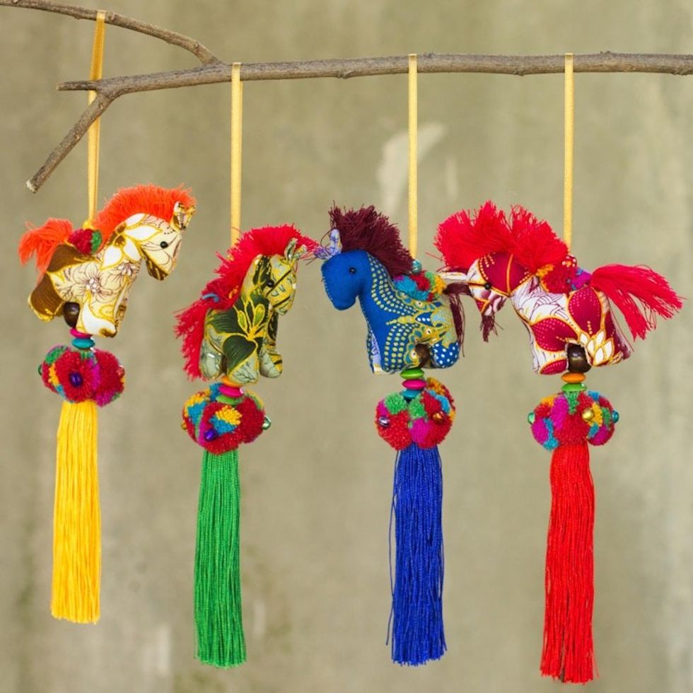 Artisan Crafted Multicolor Thai Cotton Horse Ornaments 4 'Happy Thai Horses'