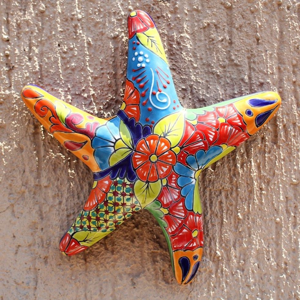 Hand-Painted Talavera-Style Ceramic Starfish Wall Sculpture 'Talavera Starfish'