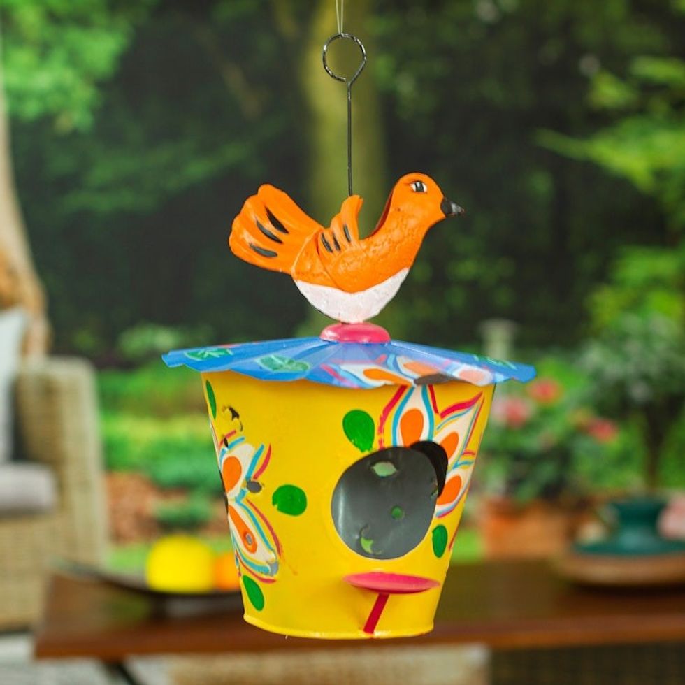 Handcrafted Floral Tin Birdhouse and Feeder with Orange Bird 'Dawn Chants'