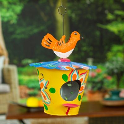 Alternate image for Handcrafted Floral Tin Birdhouse and Feeder with Orange Bird Dawn Chants