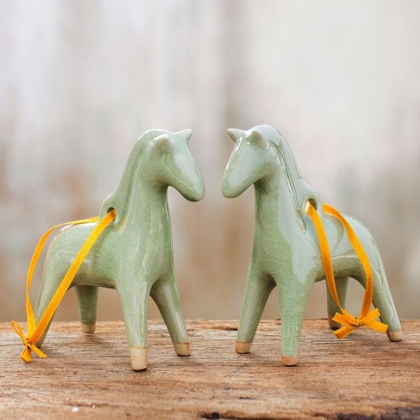 Alternate image for Unique Celadon Ceramic Christmas Ornaments Pair A Season for Horses