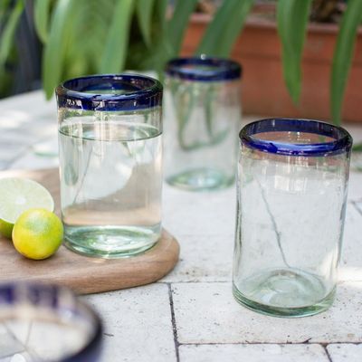Primary image for Fair Trade Blue Handblown Glass Tumbler Drinkware Set of 6 Cobalt Classics