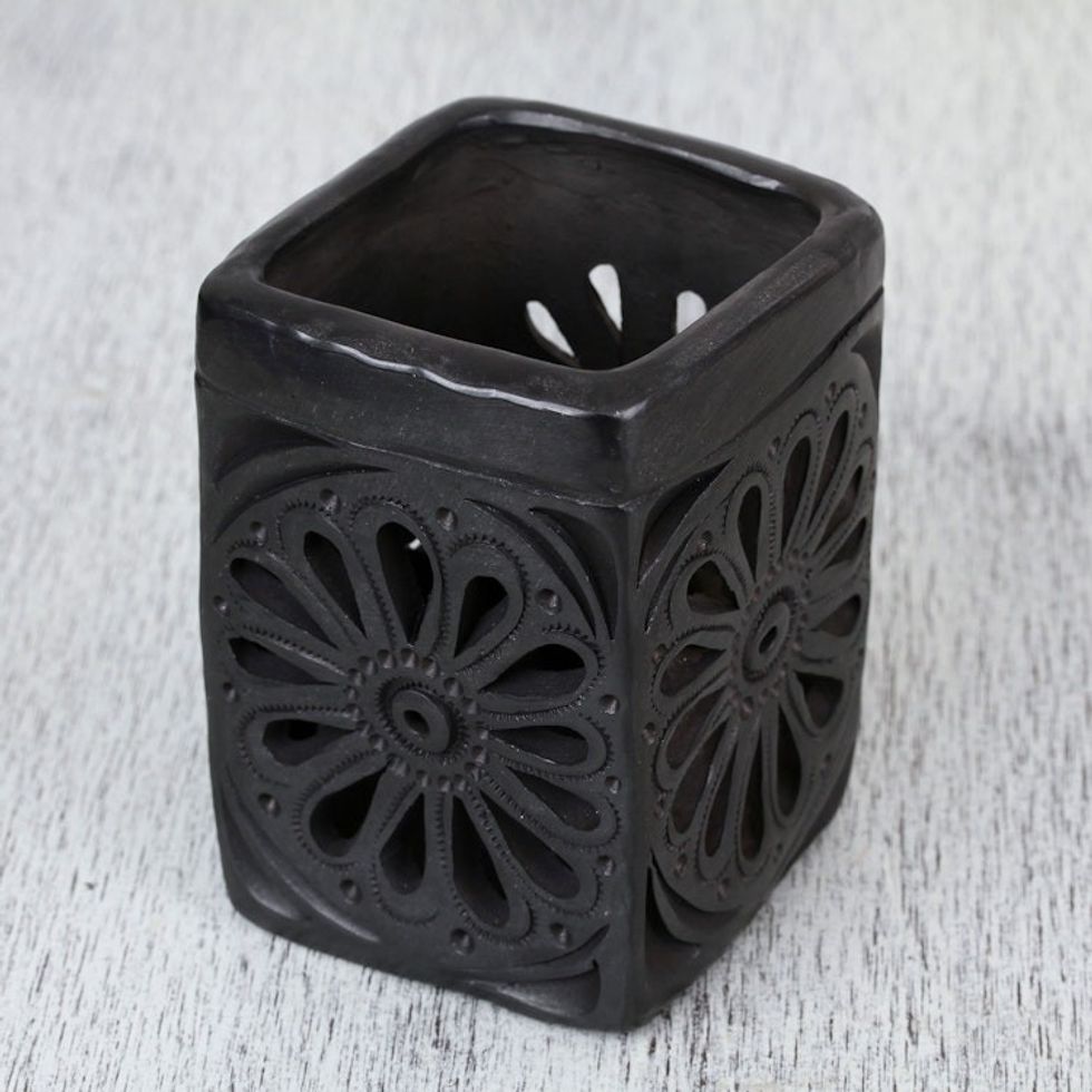 Oaxaca Barro Negro Rectangular Floral Ceramic Pencil Holder 'Oaxacan Flower'