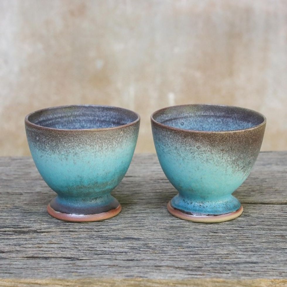 Turquoise and Brown Footed Ceramic Teacups Pair 'Serene Seas'