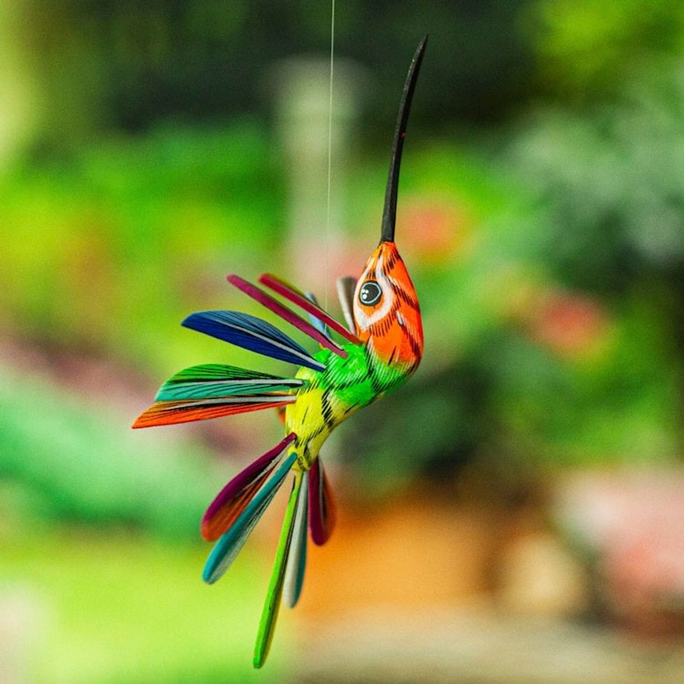 Hand-Painted Orange Copal Wood Alebrije Bird Ornament 'Eden Plumage'