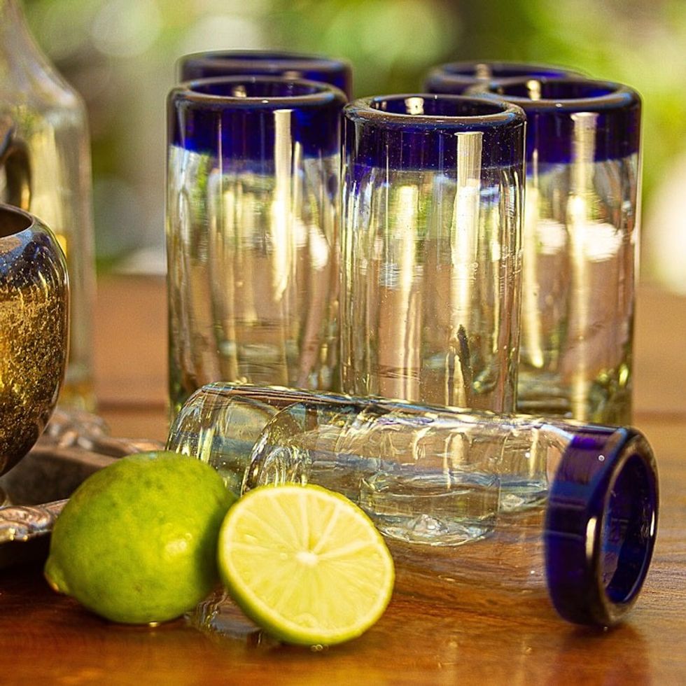 Handblown Recycled Glass Blue Rim Shot Glasses set of 6 'Cobalt Classics'