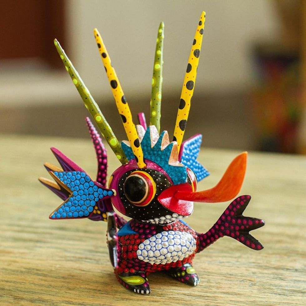 Wood Alebrije Sculpture of a Colorful Alien from Mexico 'Energetic Martian'