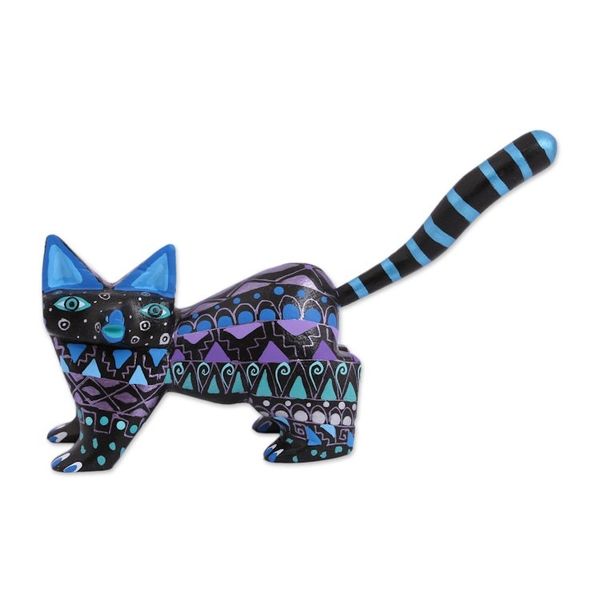 Alternate image for Hand-Painted Wood Alebrije Cat Figurine from Mexico Nocturnal Cat