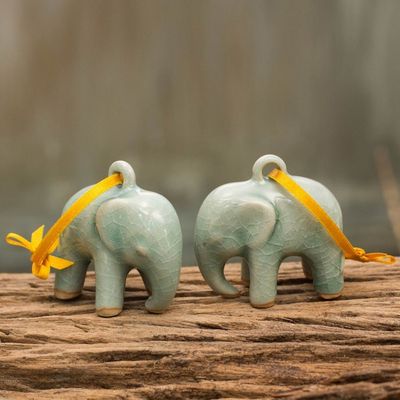 Alternate image for Crackled Green Celadon Ceramic Ornaments Pair Light Blue Elephant