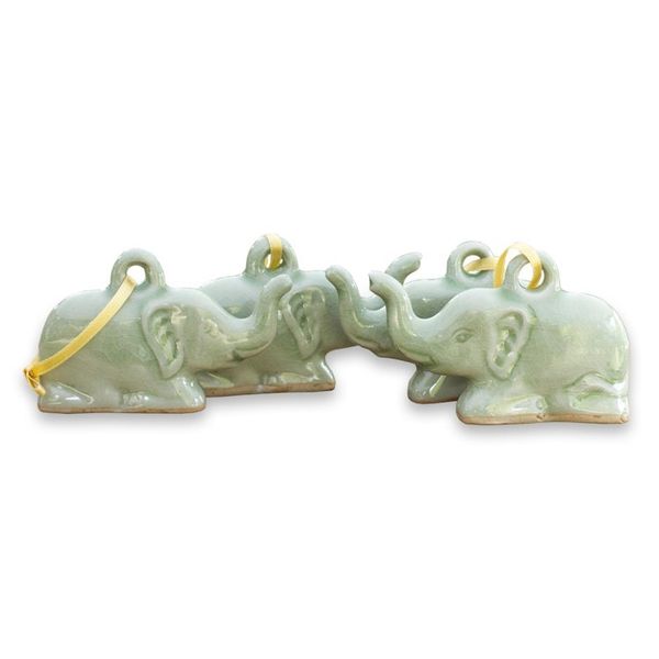 Alternate image for Fair Trade Celadon Ceramic Christmas Ornaments Set of 4 Green Holiday Elephants