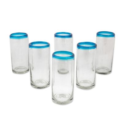 Alternate image for Set of 6 Aqua Rim Hand Blown Clear 11 oz High Ball Glasses Aquamarine Kiss