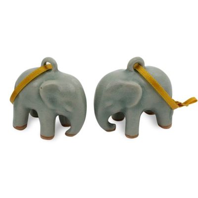 Alternate image for Crackled Green Celadon Ceramic Ornaments Pair Light Blue Elephant