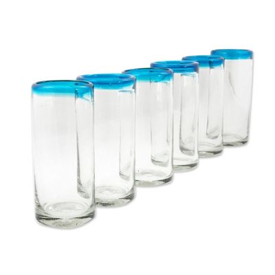 Alternate image for Set of 6 Aqua Rim Hand Blown Clear 11 oz High Ball Glasses Aquamarine Kiss