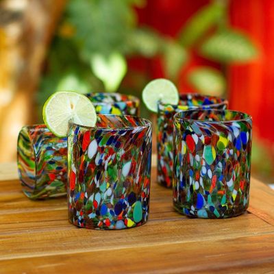 Alternate image for Hand Blown Rocks Glasses with Multicolored Dots Set of 6 Mod Spots