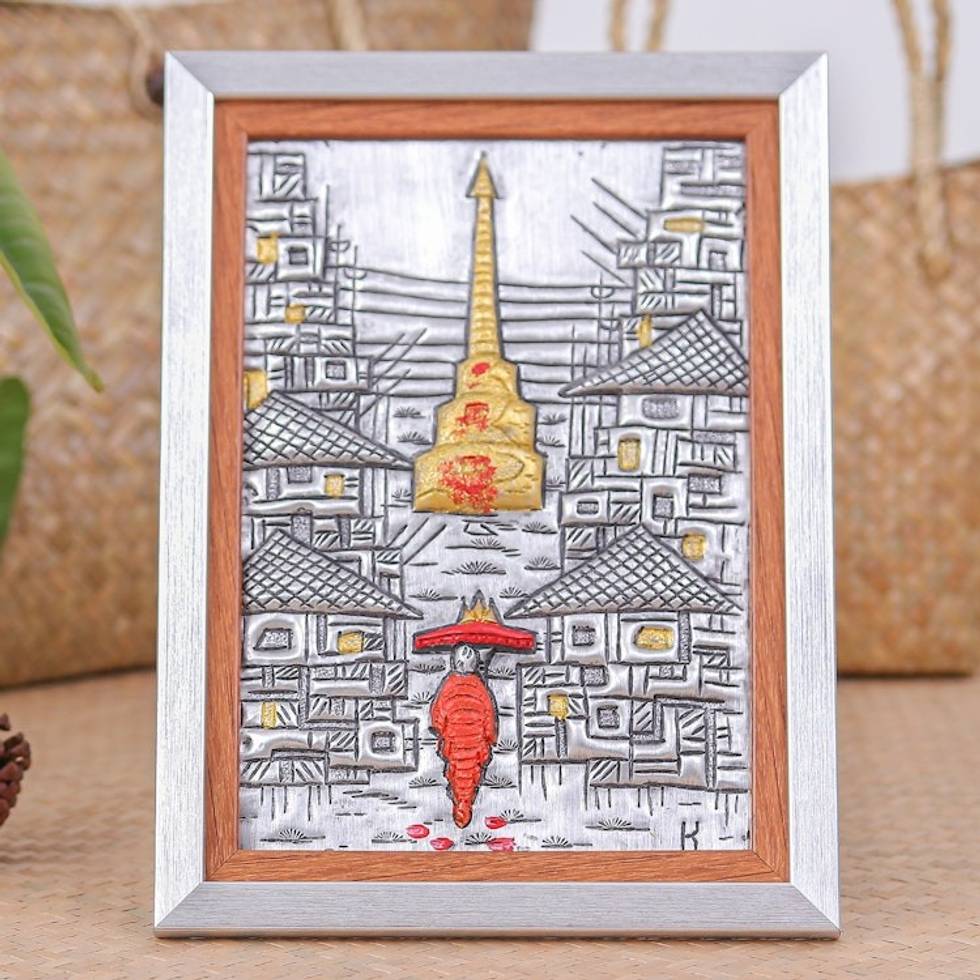 Wall Tabletop Aluminum Relief Panel of Buddhist Monk Temple 'Thai Morning'