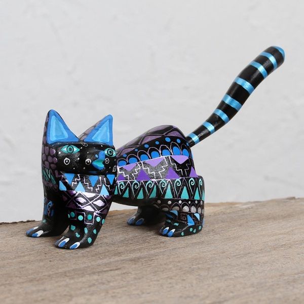 Alternate image for Hand-Painted Wood Alebrije Cat Figurine from Mexico Nocturnal Cat