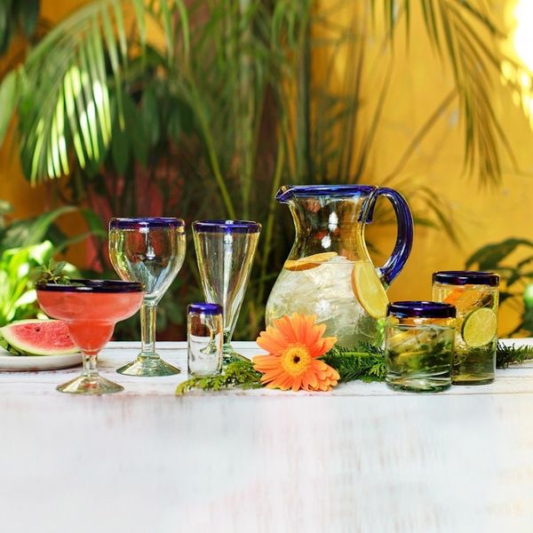 Alternate image for Handblown Recycled Glass Blue Rim Shot Glasses set of 6 Cobalt Classics