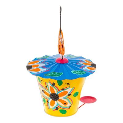 Alternate image for Handcrafted Floral Tin Birdhouse and Feeder with Orange Bird Dawn Chants