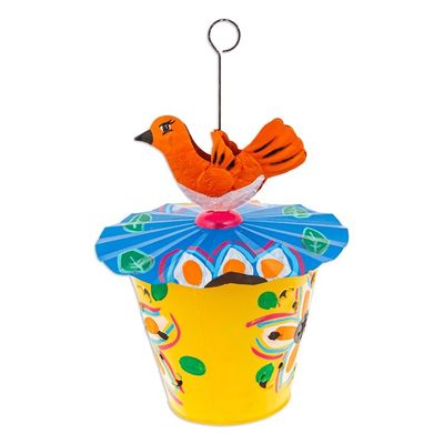 Alternate image for Handcrafted Floral Tin Birdhouse and Feeder with Orange Bird Dawn Chants