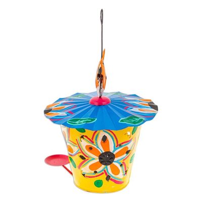 Alternate image for Handcrafted Floral Tin Birdhouse and Feeder with Orange Bird Dawn Chants
