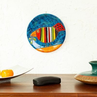 Alternate image for Handmade Ceramic Wall Art of a Striped Bird from Mexico Striped Bird