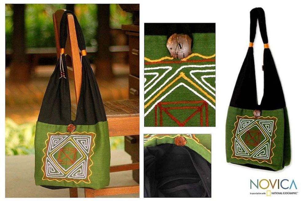 Thai Embroidered Cotton Shoulder Bag 'Jade Secrets'
