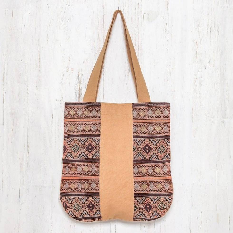 Geometric Cotton Shoulder Bag in Caramel from Thailand 'Lanna Caramel'