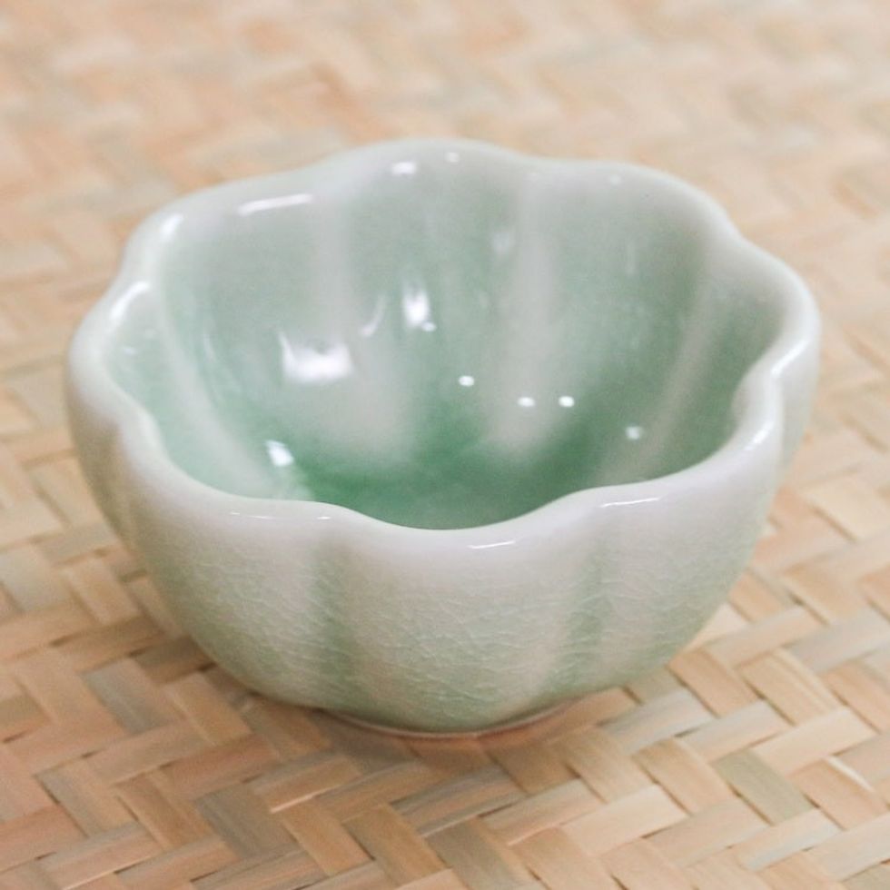 Handcrafted Celadon Ceramic Bowl 'Flower Bloom in Green'