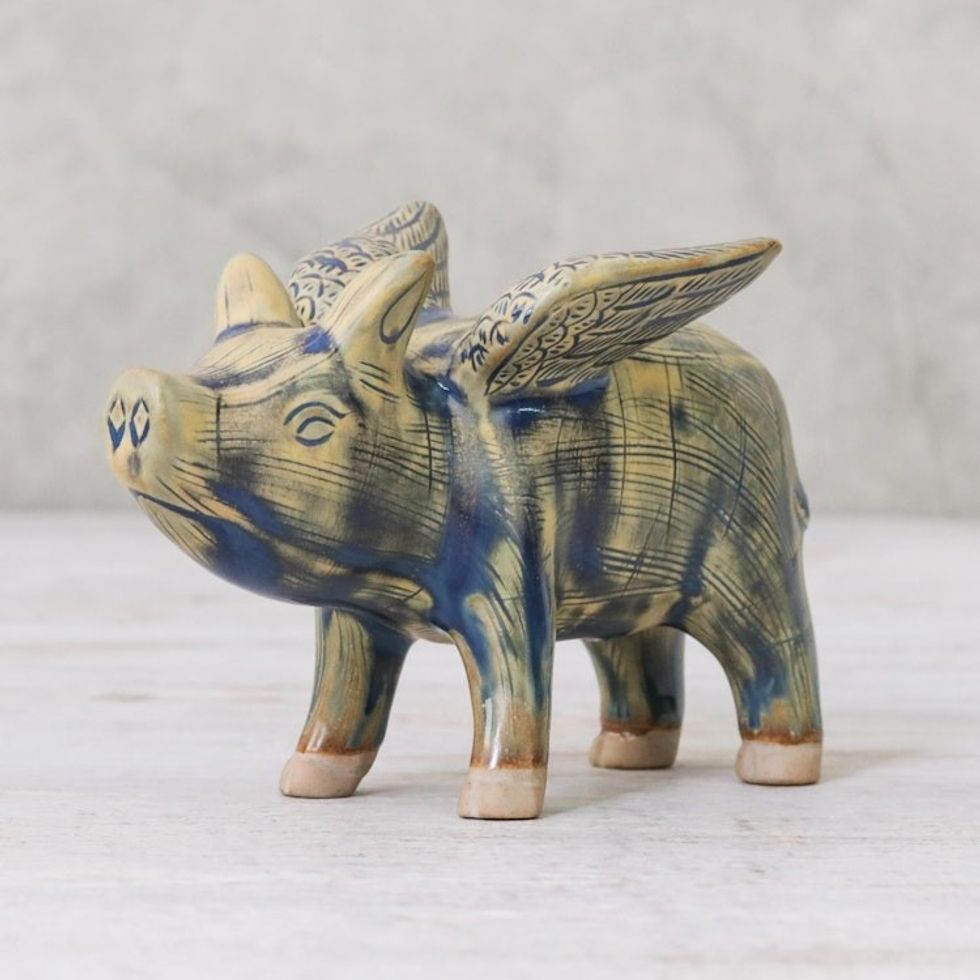 Ceramic Flying Pig in Mustard and Blue Shades 'Flying Pig'