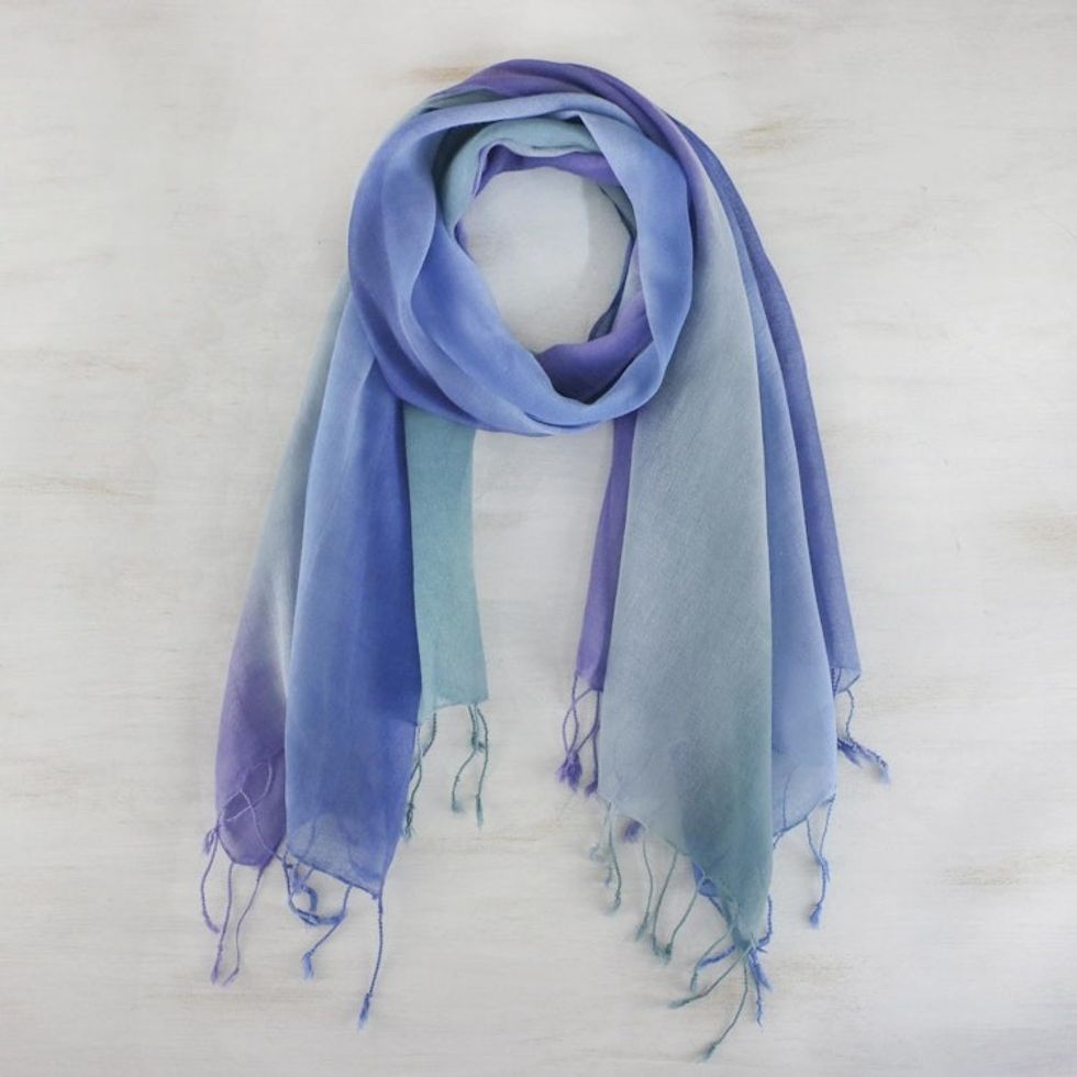 Handwoven Cotton Scarves in Cool Tones from Thailand Pair 'Summer Morning'
