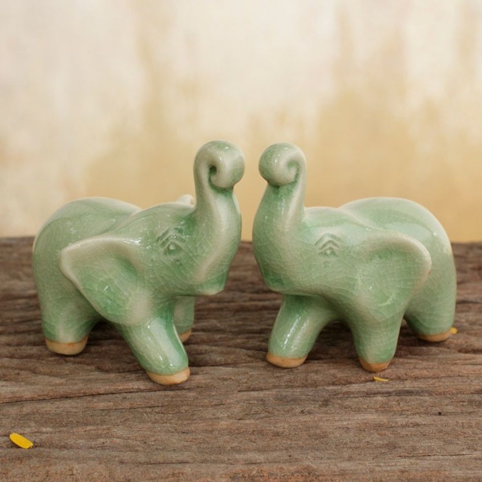 2 Green Celadon Ceramic Handcrafted Lucky Elephant Figurines 'Lucky Green Elephants'