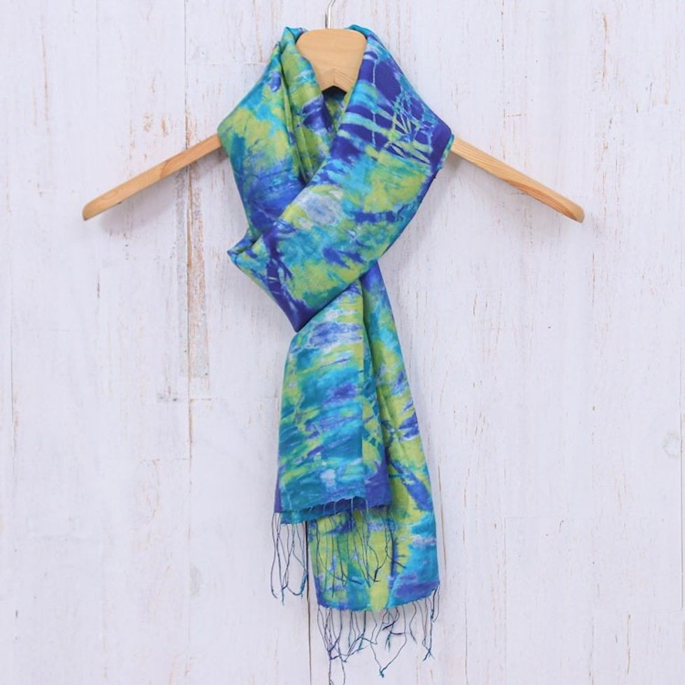 Fringed Tie-Dyed Silk Scarf 'Smiling Sea'