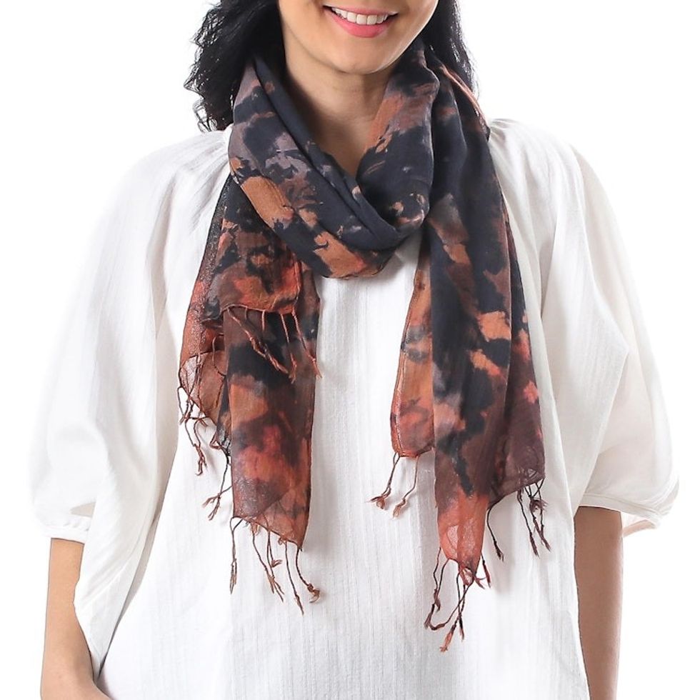 Tie-Dyed Fringed Cotton Wrap Scarf in Brown from Thailand 'Subtle Colors'