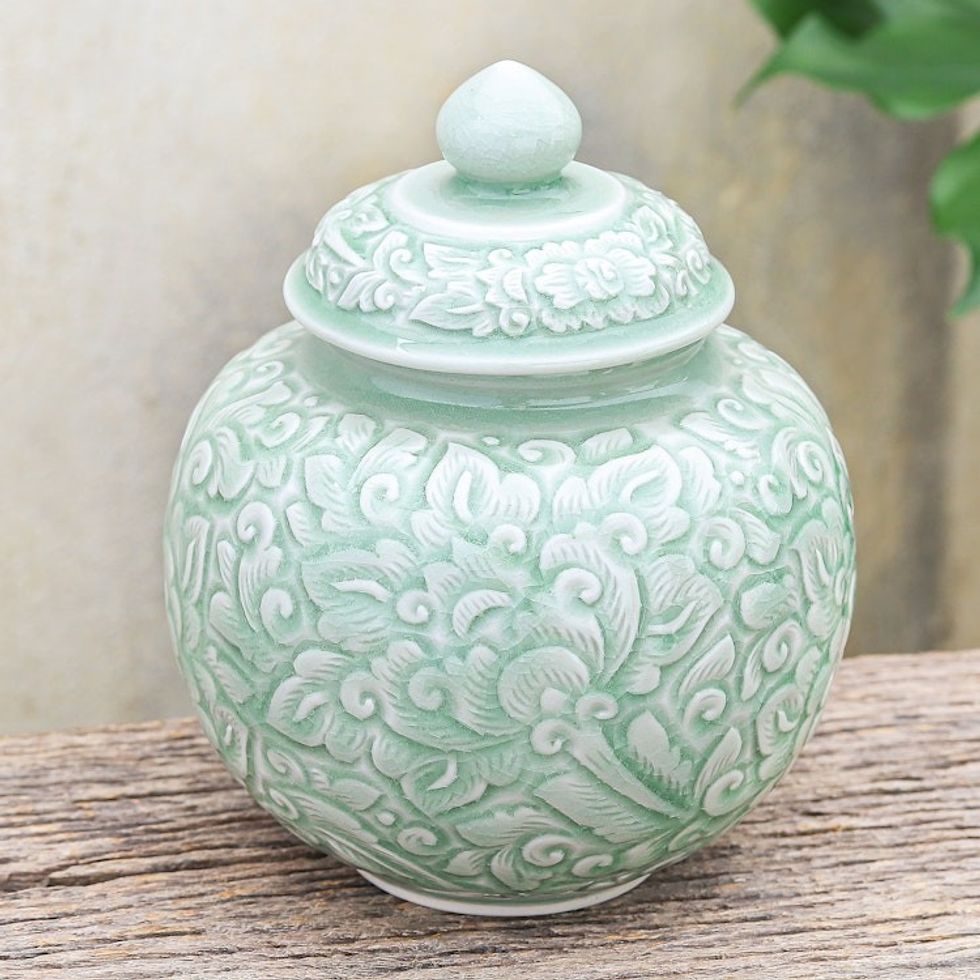 Hand Crafted Celadon Ceramic Floral-Themed Jar 'Flower Fairy'