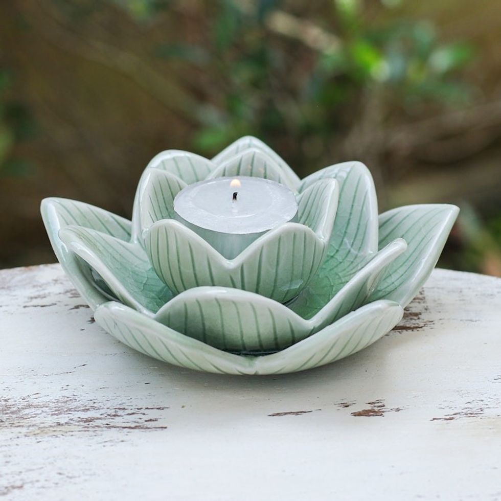 Lotus-Shaped Celadon Ceramic Tealight Candleholder in Green 'Blooming Lotus'