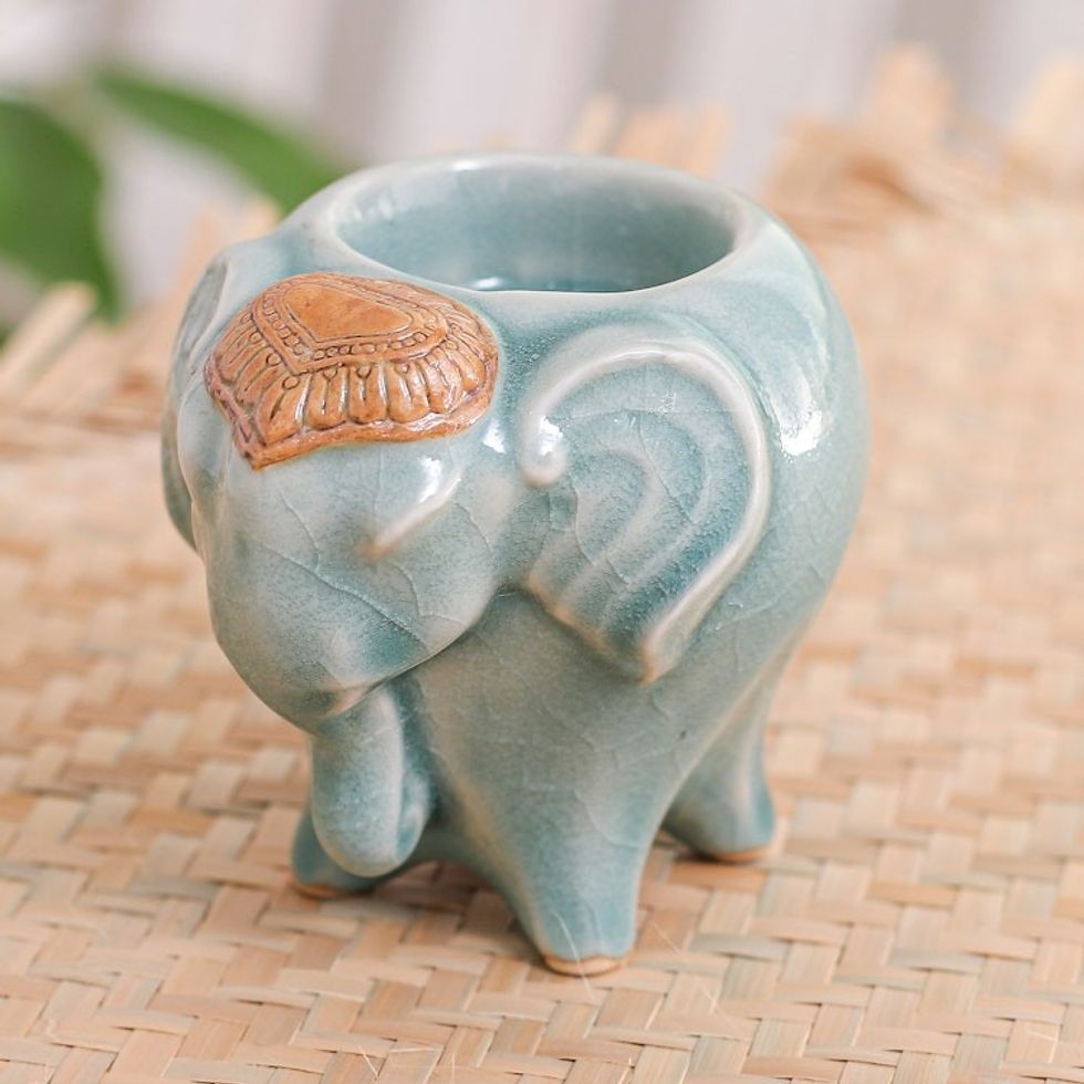 Handcrafted Thai Ceramic Elephant Tealight Holder in Green 'Bright Elephant in Green'