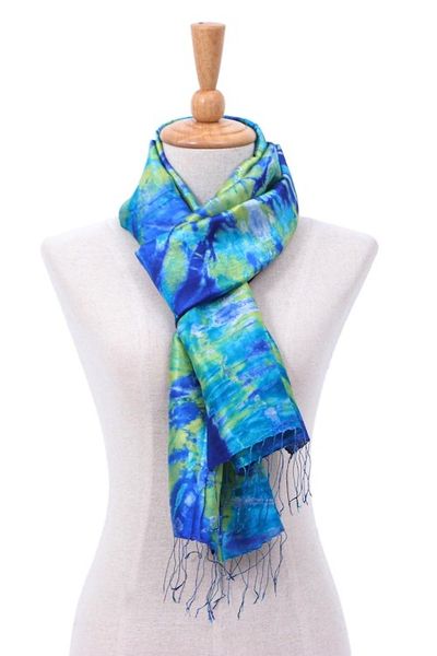 Alternate image for Fringed Tie-Dyed Silk Scarf Smiling Sea