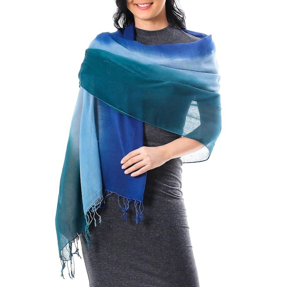 Ombre Cotton Shawl in Blue from Thailand 'Cool Night'