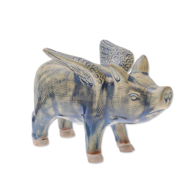 Alternate image for Ceramic Flying Pig in Mustard and Blue Shades Flying Pig