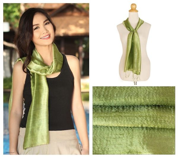 Alternate image for Handwoven Silk Scarf in Green from Thailand Jade Duality