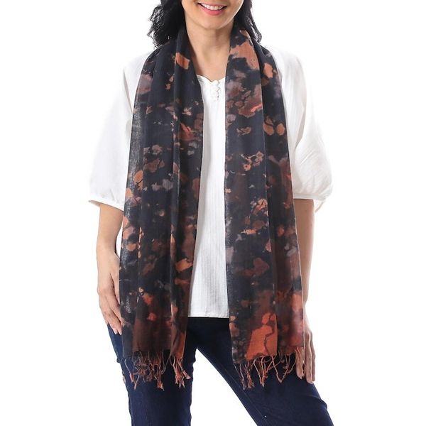 Alternate image for Tie-Dyed Fringed Cotton Wrap Scarf in Brown from Thailand Subtle Colors