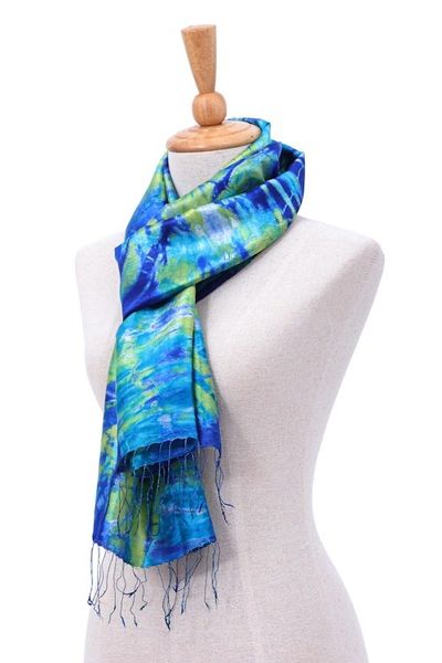 Alternate image for Fringed Tie-Dyed Silk Scarf Smiling Sea
