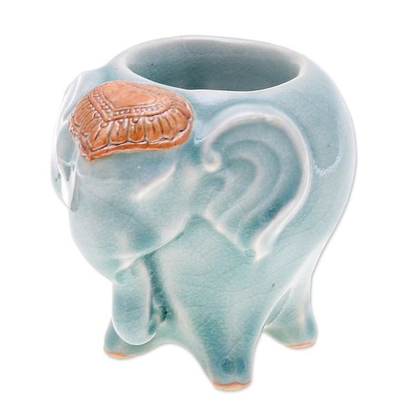 Alternate image for Handcrafted Thai Ceramic Elephant Tealight Holder in Green Bright Elephant in Green