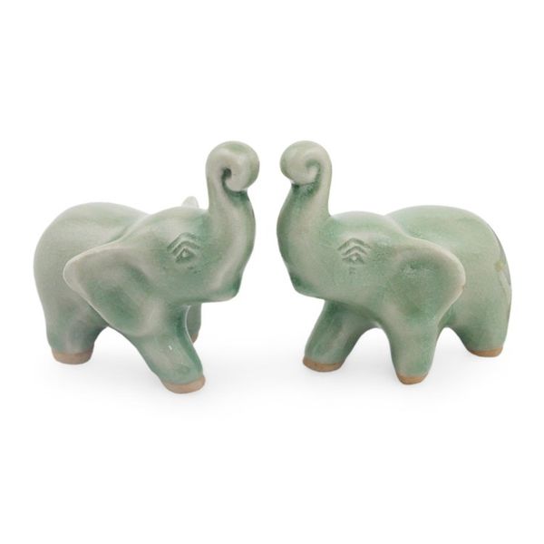 Alternate image for 2 Green Celadon Ceramic Handcrafted Lucky Elephant Figurines Lucky Green Elephants