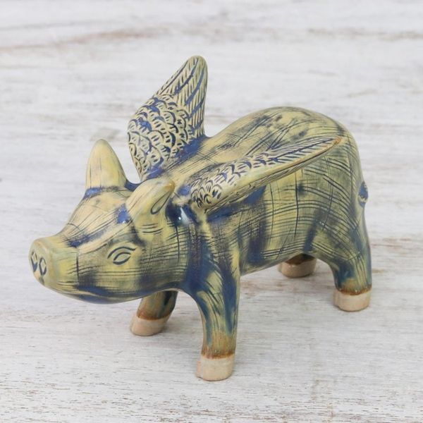Alternate image for Ceramic Flying Pig in Mustard and Blue Shades Flying Pig