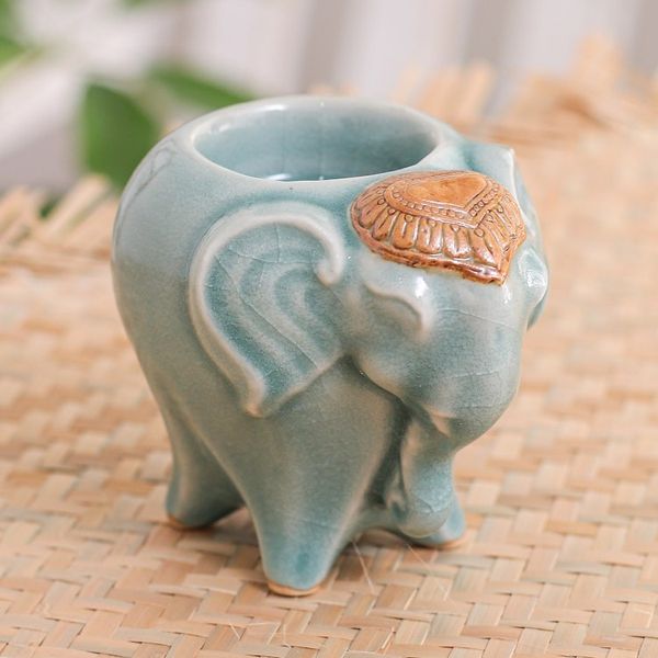 Alternate image for Handcrafted Thai Ceramic Elephant Tealight Holder in Green Bright Elephant in Green